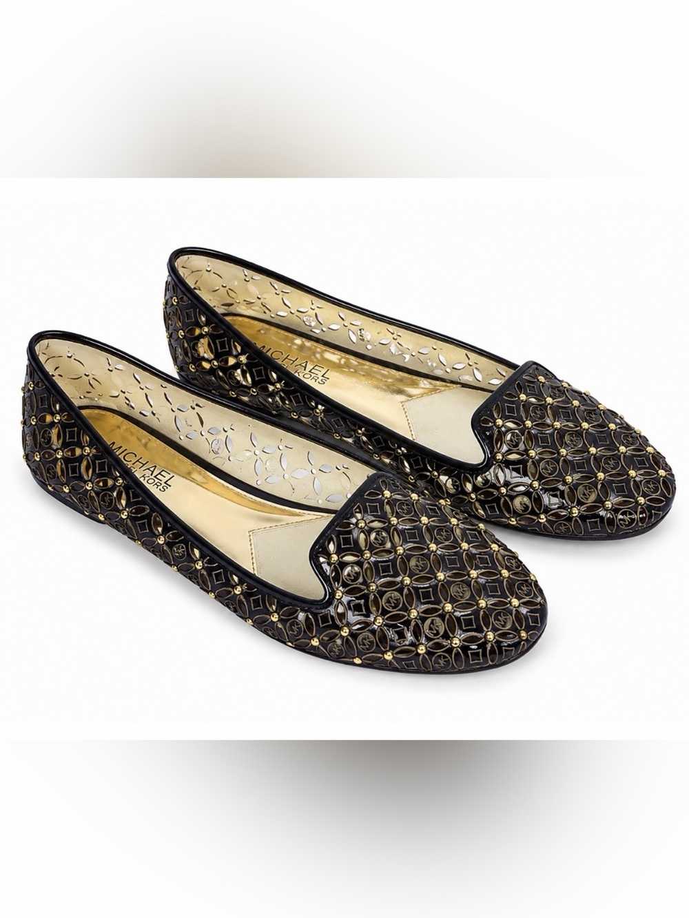 MICHAEL Michael Kors Gabriella Laser Cut Studded Flats Black Gold Size 8M $150
